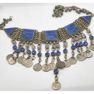 Vintage Lapis Necklace Tribal Ethnic Coins Statement HEAVY Signed JPA 16"
